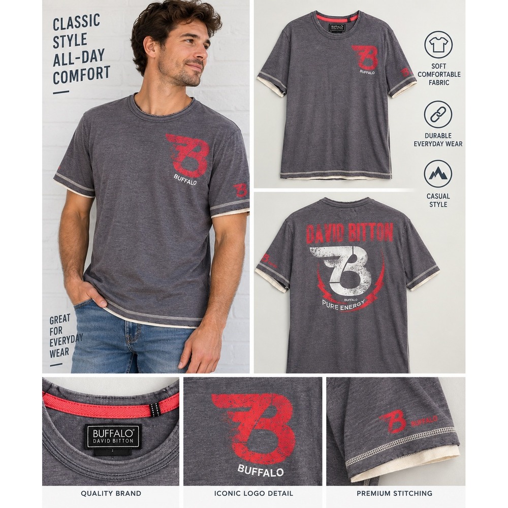 Buffalo David Bitton Mens T-Shirt Pure Energy Graphic Cotton Gray Casual Large